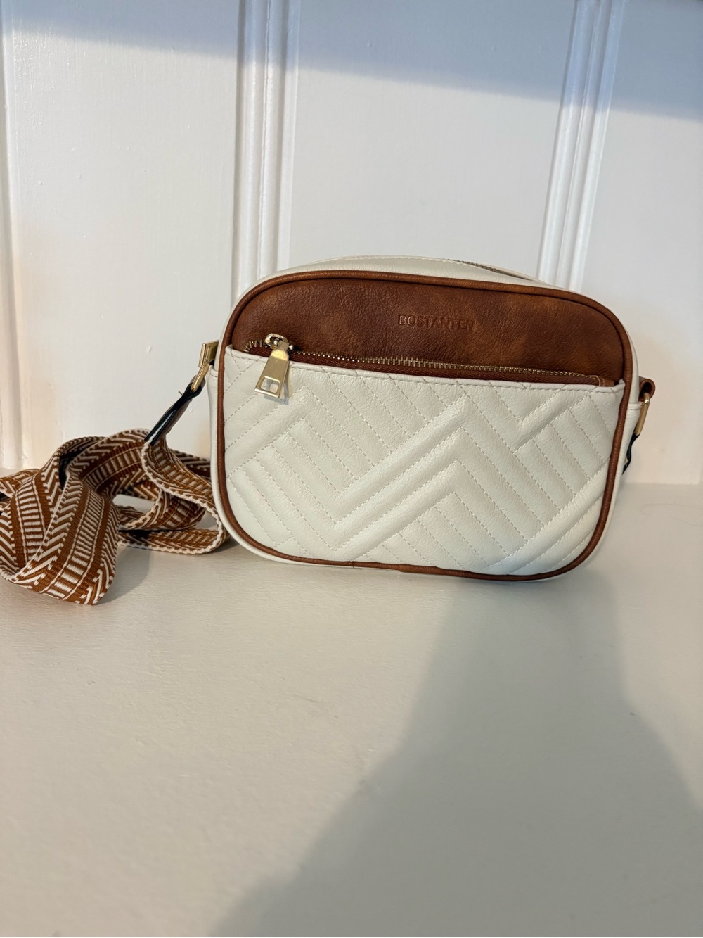 Cream and Brown Quilted Crossbody Bag